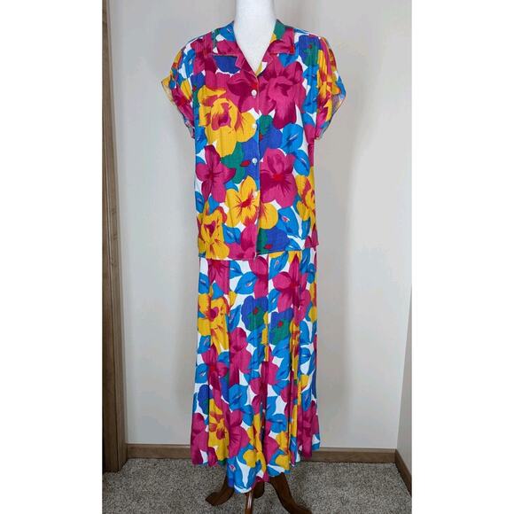 Peddlers Dresses & Skirts - Vintage Peddlers Tropical Floral Shirt Maxi Skirt Set Linen Blend Womens Size 12